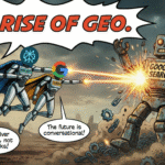 Visual illustration of ChatGPT, Perplexity, and Gemini overpowering Google Search, symbolizing the shift from keyword search to conversational AI and GEO.