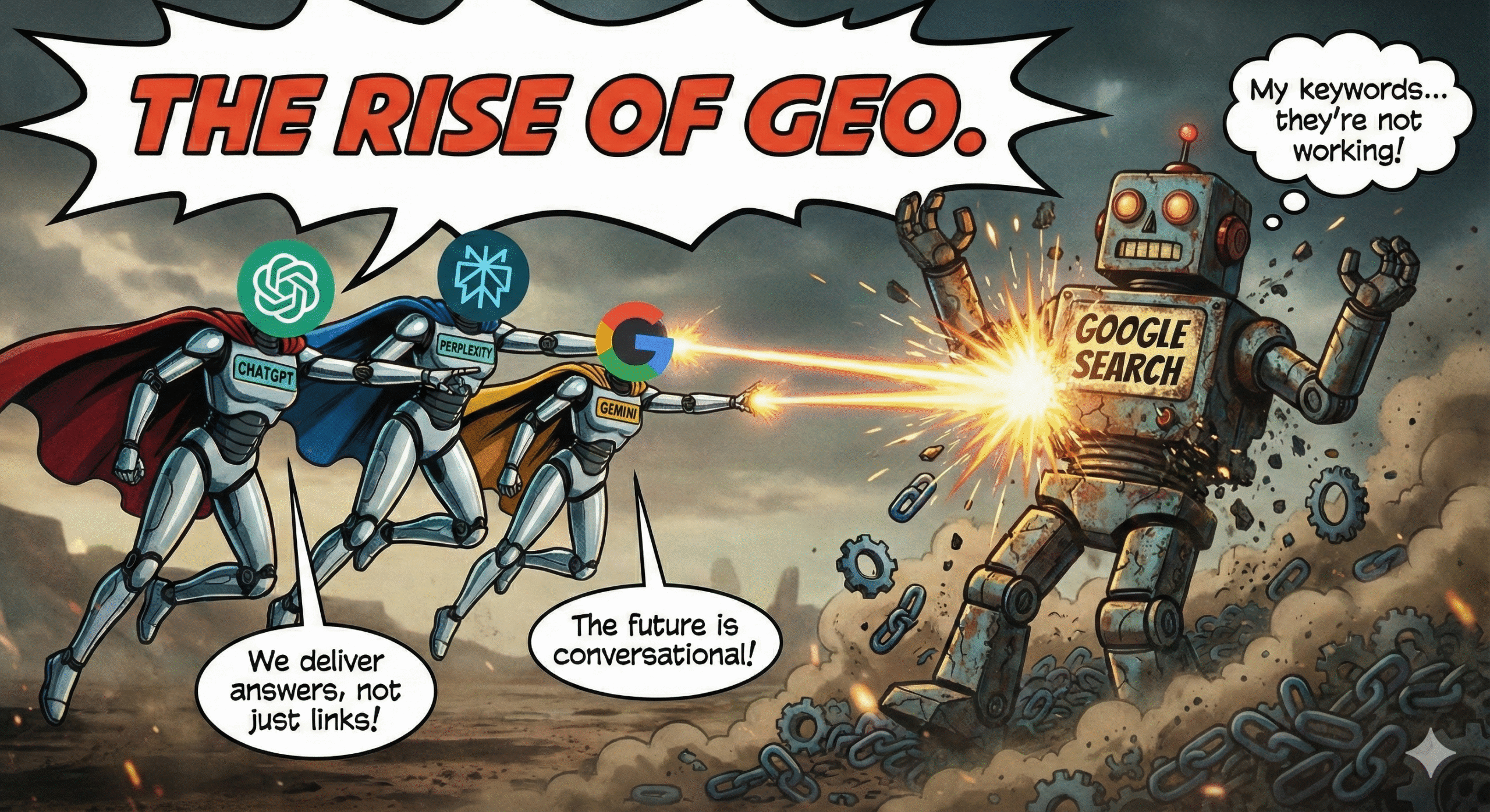 Visual illustration of ChatGPT, Perplexity, and Gemini overpowering Google Search, symbolizing the shift from keyword search to conversational AI and GEO.